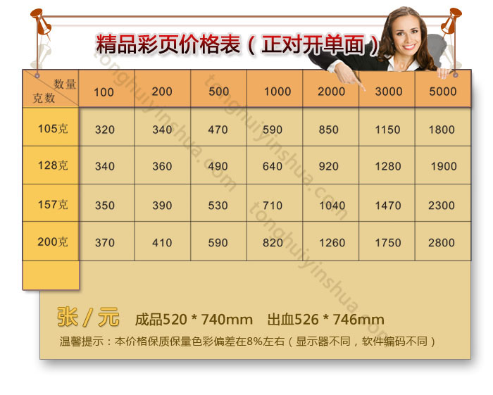 精品彩页价格表正对开单页